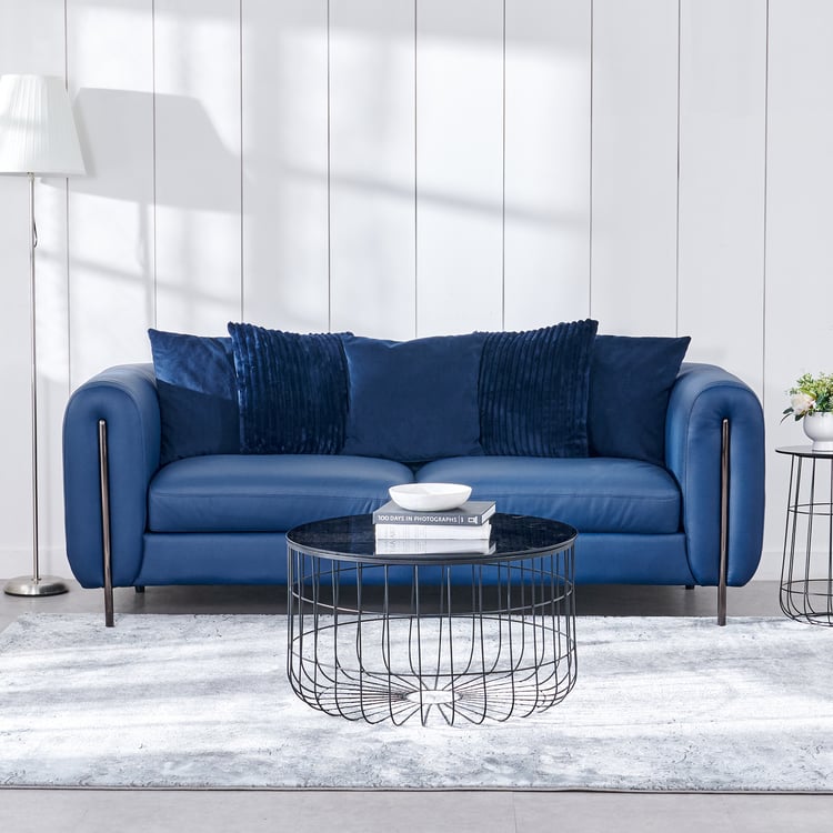 Sapphire Half Leather 3-Seater Sofa with Cushions - Blue